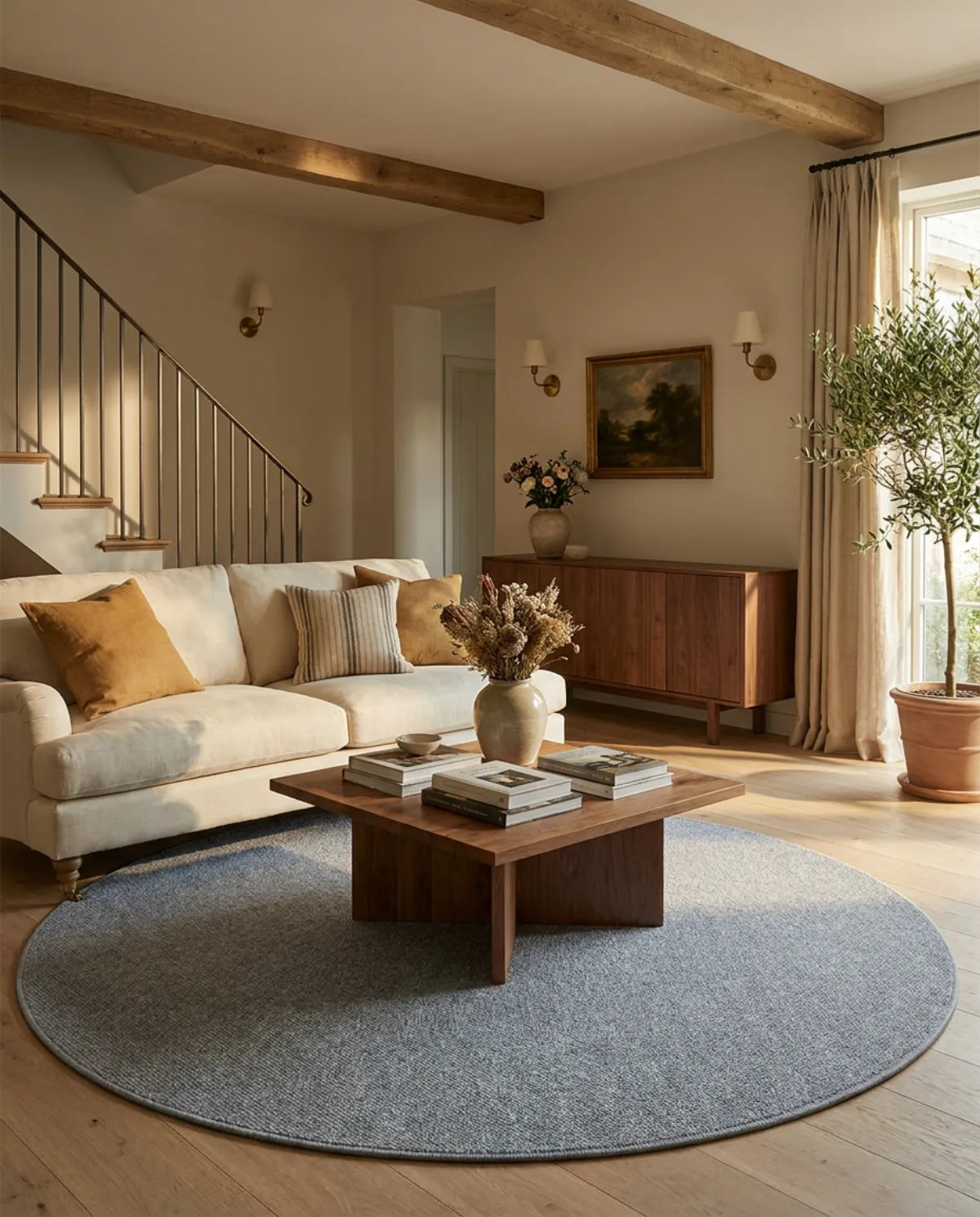 Tapis rond Wilton tissage plat gris sous une table basse en bois, dans un grand salon avec escalier