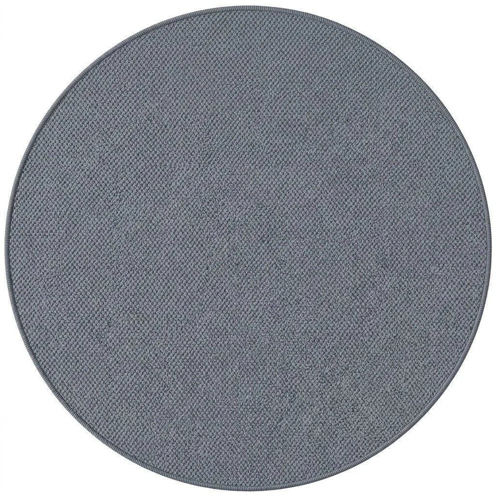 Vue studio du tapis rond Wilton tissage plat gris, tissage texturé serré uniforme