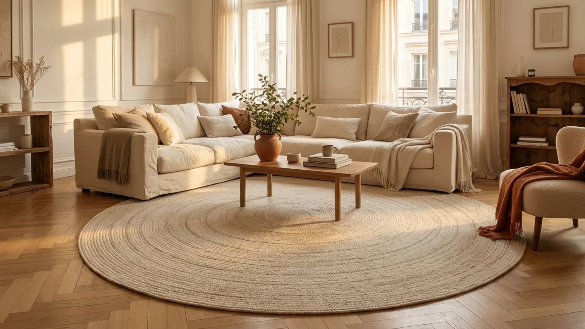 Salon avec un tapis rond posé devant le canapé