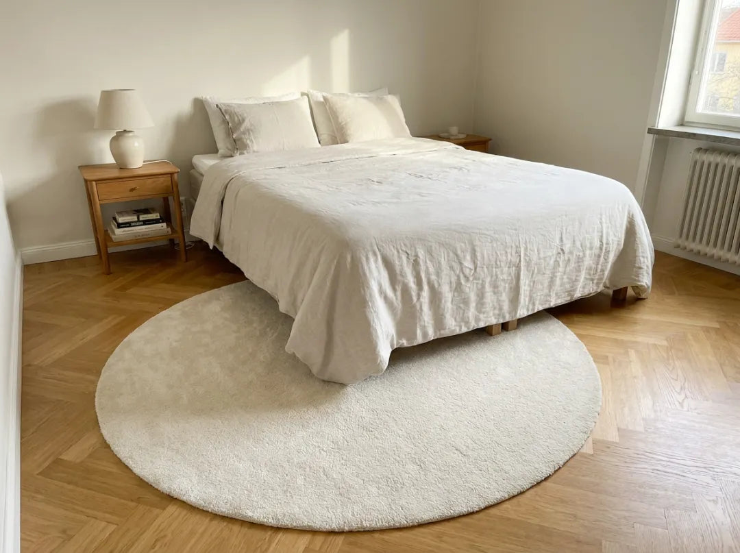 Tapis rond crème en bout de lit, dépassant de chaque côté du lit