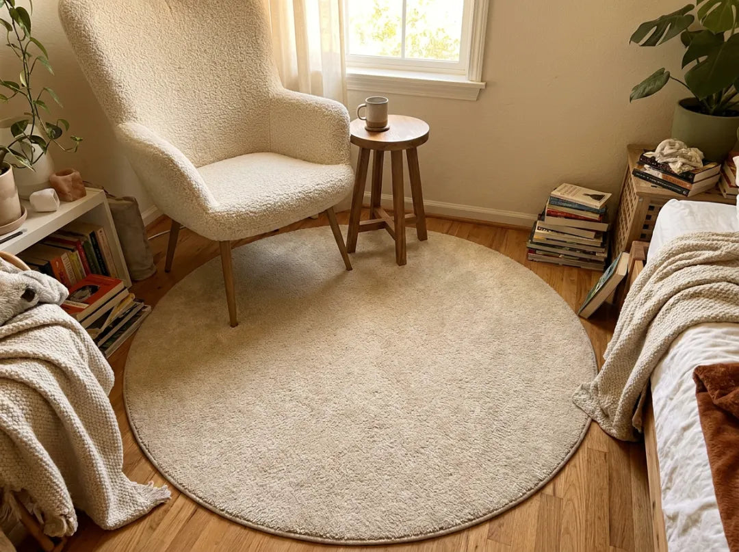 Fauteuil de lecture dont les pieds avant reposent sur un tapis rond crème