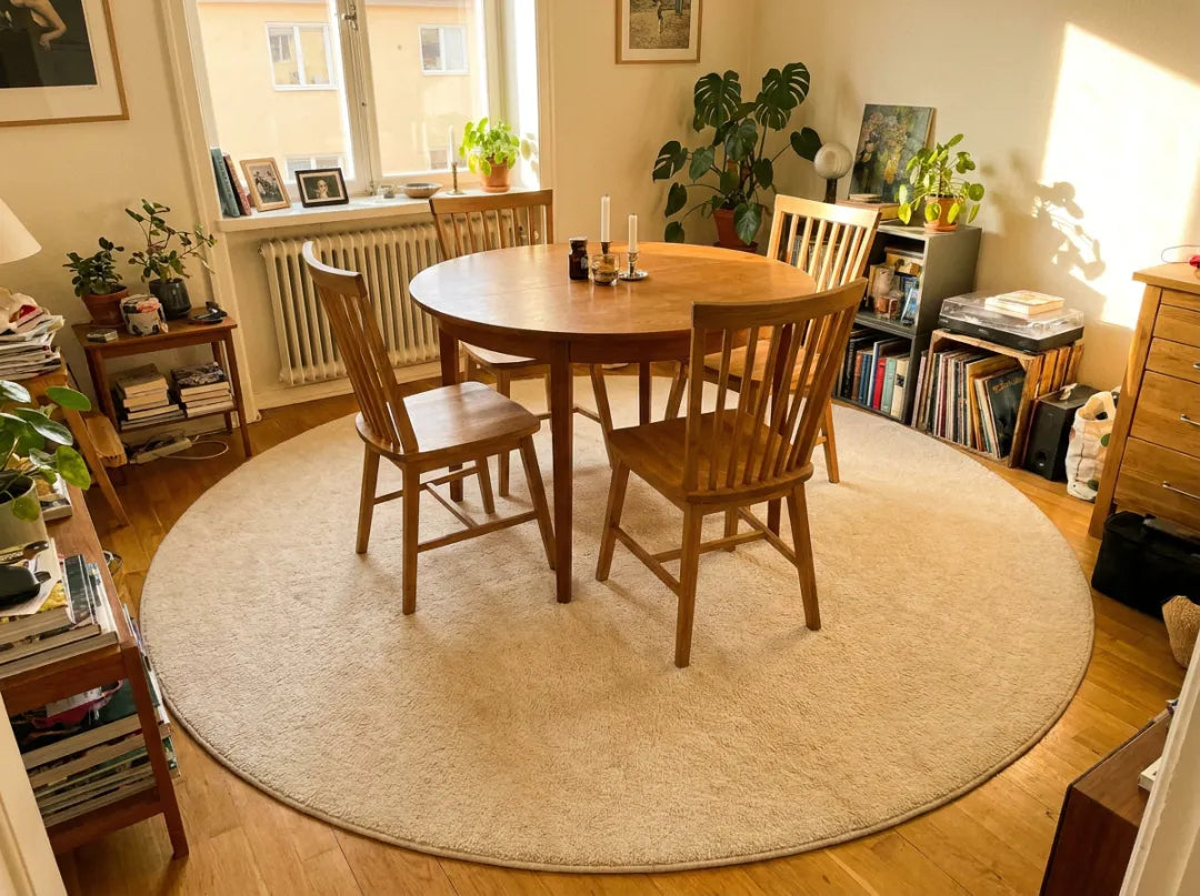 Table à manger ronde et quatre chaises entièrement posées sur un grand tapis rond