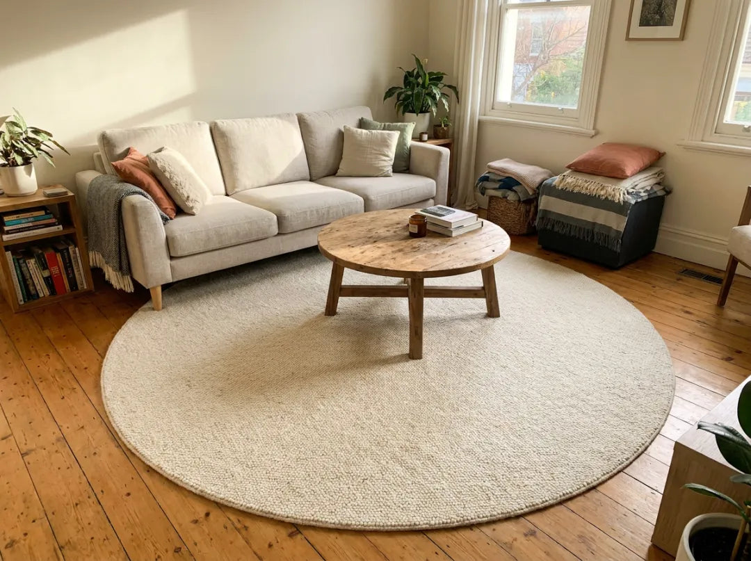 Grand tapis rond crème devant un canapé, pieds avant du canapé sur le tapis